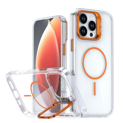 Orange clear acrylic MagSafe case with camera lens kickstand for iPhone 18 Pro, 17, Air, 16e and iPhone 16 to 11