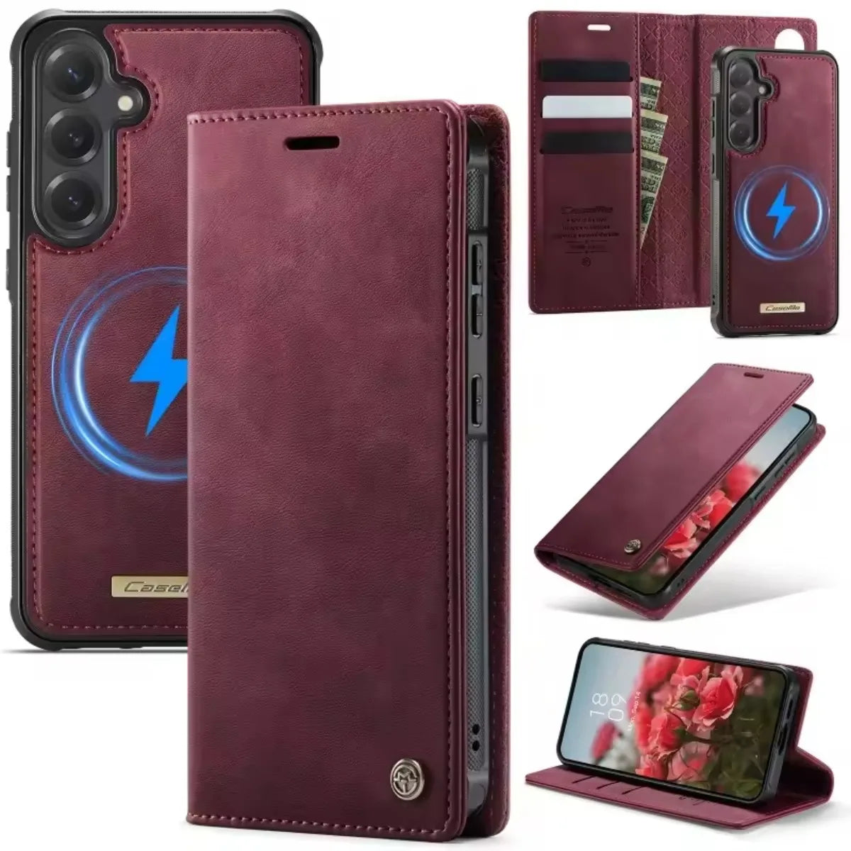 Red 2-in-1 detachable MagSafe leather wallet case for Samsung Galaxy S26, open and closed views