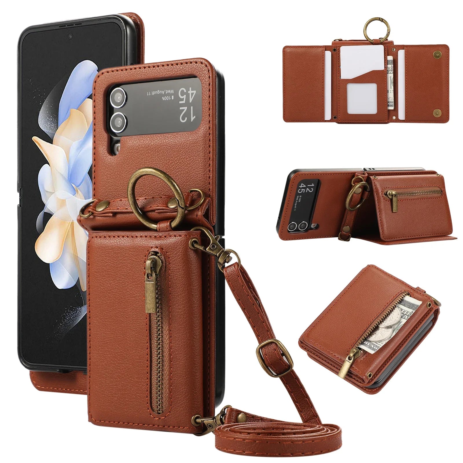 PureGuardCases Crossbody Soft Leather Wallet Case for Samsung Galaxy Z Flip