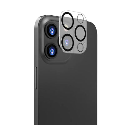 Clear tempered glass camera lens protector fitted over a black iPhone camera module