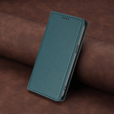 Dark green stitched PU leather magnetic flip wallet case for Samsung Galaxy S26 and S25 series, angled closed view