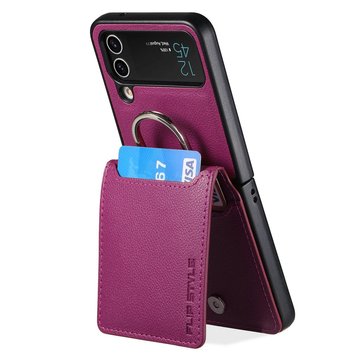 Purple magnetic ring holder leather card slot wallet case for Samsung Galaxy Z Flip 7, 7 FE, 6, 5, 4 and 3