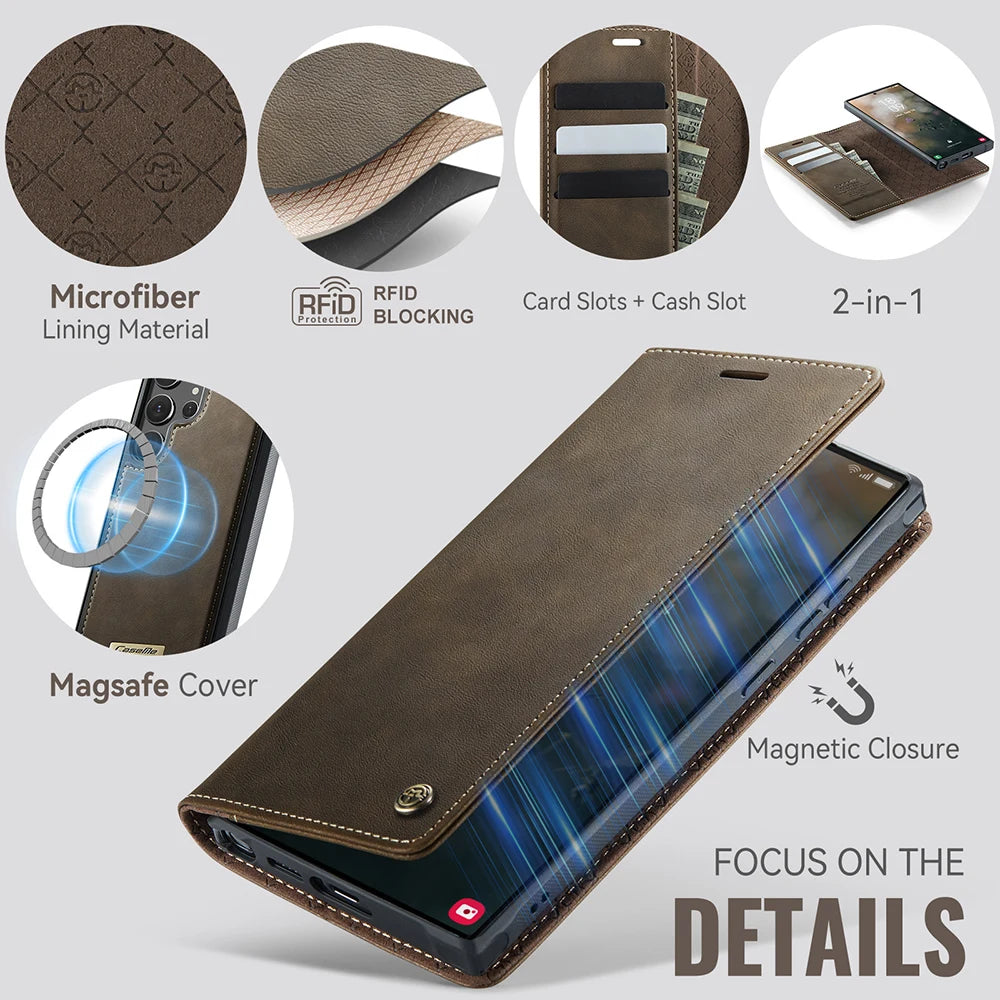 PureGuardCases Detachable Magnetic Wallet Leather Flip Case for Samsung Galaxy S20-S26 - MagSafe Book Cover