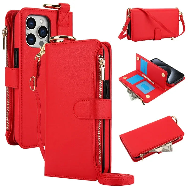 Red crossbody zipper leather wallet case for iPhone 18 Pro Max, open and closed views