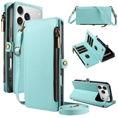 Mint green crossbody lanyard and wrist strap multi-card zipper leather flip wallet case for iPhone 18 to iPhone 11