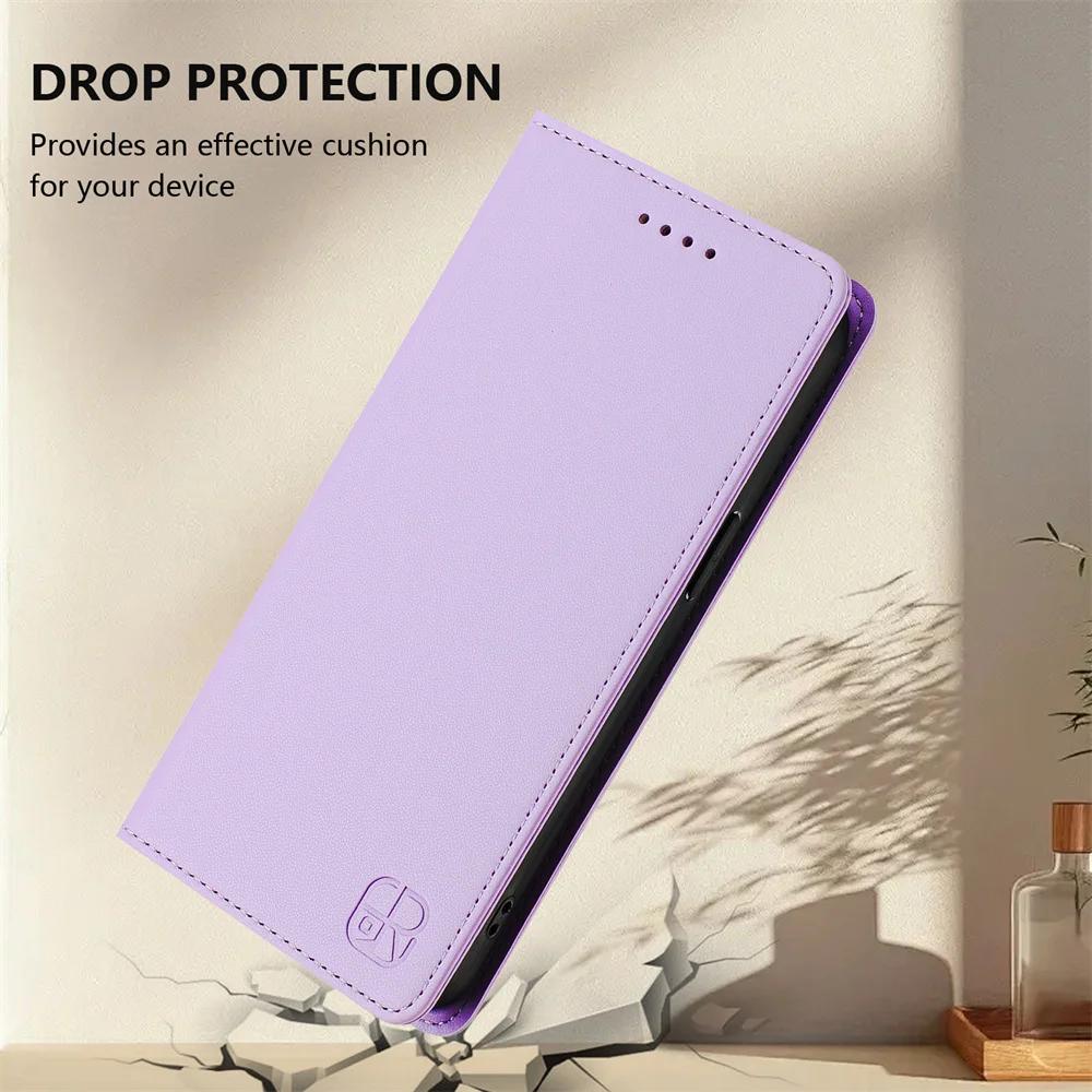 Purple magnetic leather folio flip wallet case for Samsung Galaxy A42 5G, A51, A32, A33, A52, A53 and A73 showing closed cover, interior card slots and kickstand
