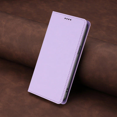 Lavender stitched PU leather magnetic flip wallet case for Samsung Galaxy S26 and S25 series, angled closed view