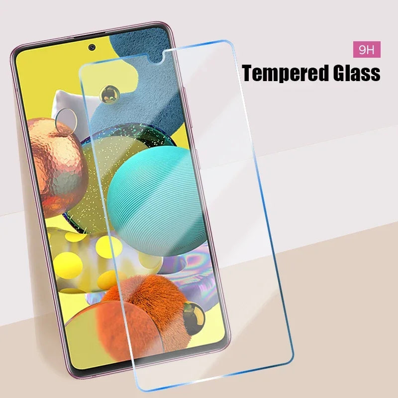 Clear tempered glass screen protector lifted above a Samsung Galaxy A series screen