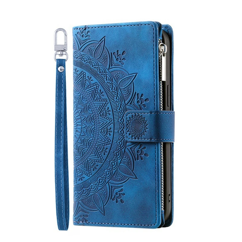 Blue mandala embossed zipper leather wallet case with wrist strap for iPhone