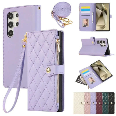 Purple quilted zipper crossbody leather wallet case for Samsung Galaxy S26 showing straps, card slots and stand