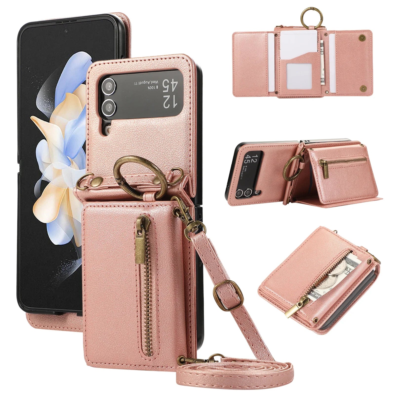 PureGuardCases Crossbody Soft Leather Wallet Case for Samsung Galaxy Z Flip