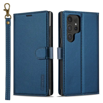 Blue magnetic flip leather wallet case for Samsung Galaxy S26, front and back views