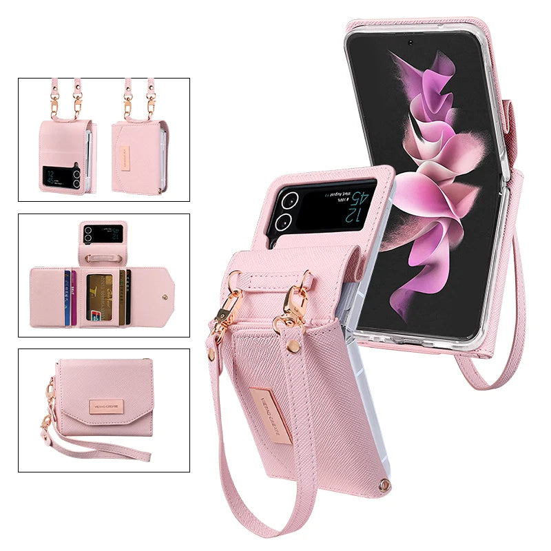 PureGuardCases Leather Wallet Case with Hand Strap for Samsung Galaxy Z Flip