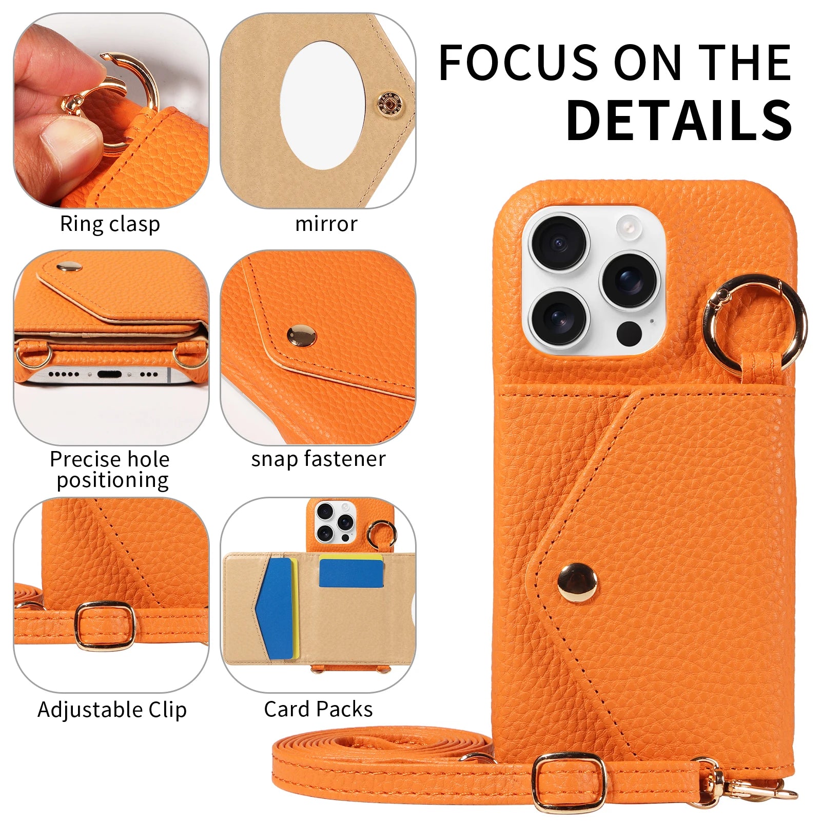 PureGuardCases PU Leather Crossbody Wallet iPhone Case – Mirror Card Holder Protective Cover