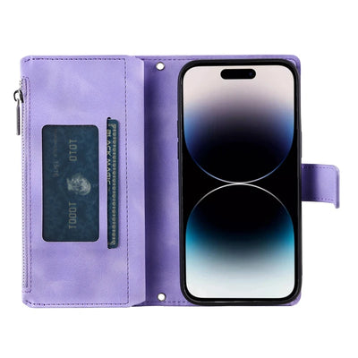 Mandala embossed iPhone wallet case folded into a horizontal viewing stand