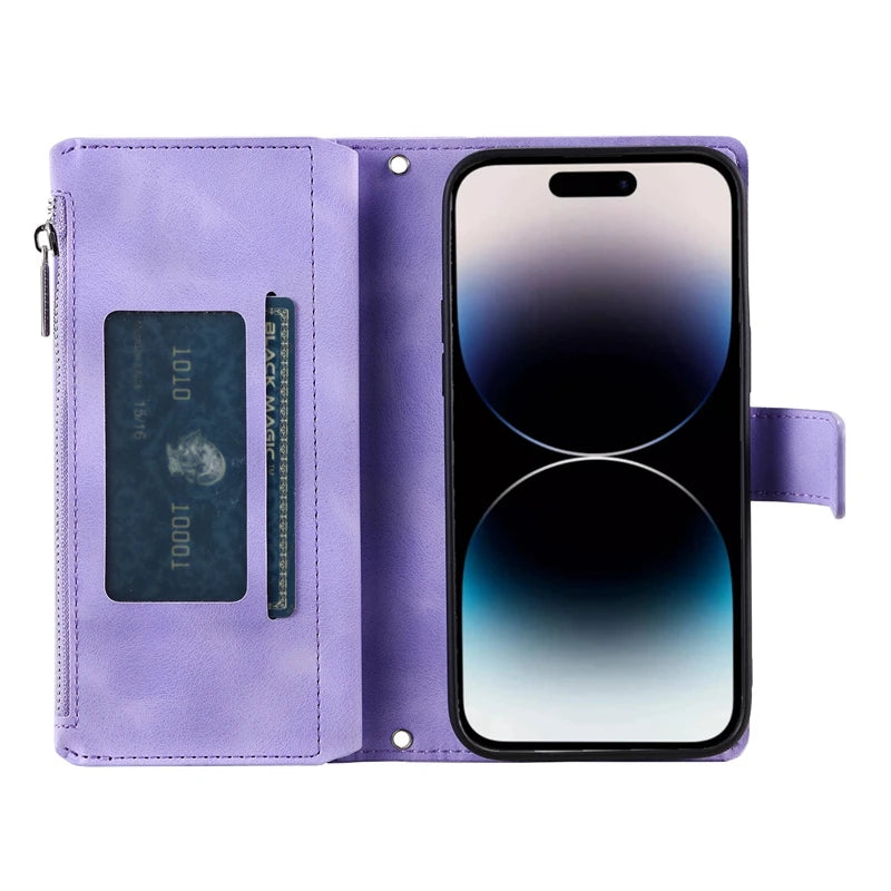 Mandala embossed iPhone wallet case folded into a horizontal viewing stand