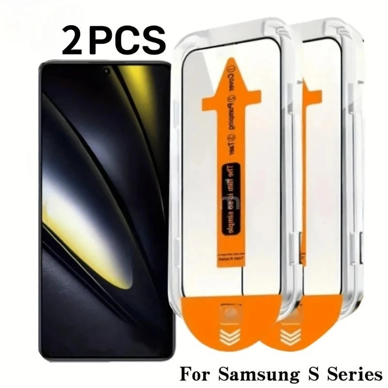 Two tempered glass screen protectors in orange install frames for Galaxy S25 Edge and S25 FE