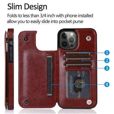 Open rear card wallet propping the iPhone horizontally as a hands-free viewing stand