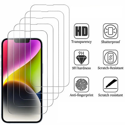 Stack of HD tempered glass screen protectors for iPhone 16e, 17e and 18e with feature icons