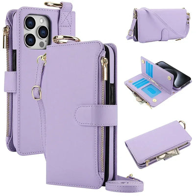 Light purple crossbody zipper leather wallet case for iPhone 18 Pro Max, open and closed views