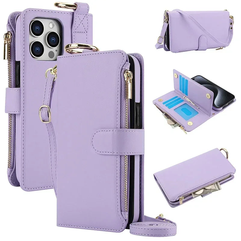 Light purple crossbody zipper leather wallet case for iPhone 18 Pro Max, open and closed views