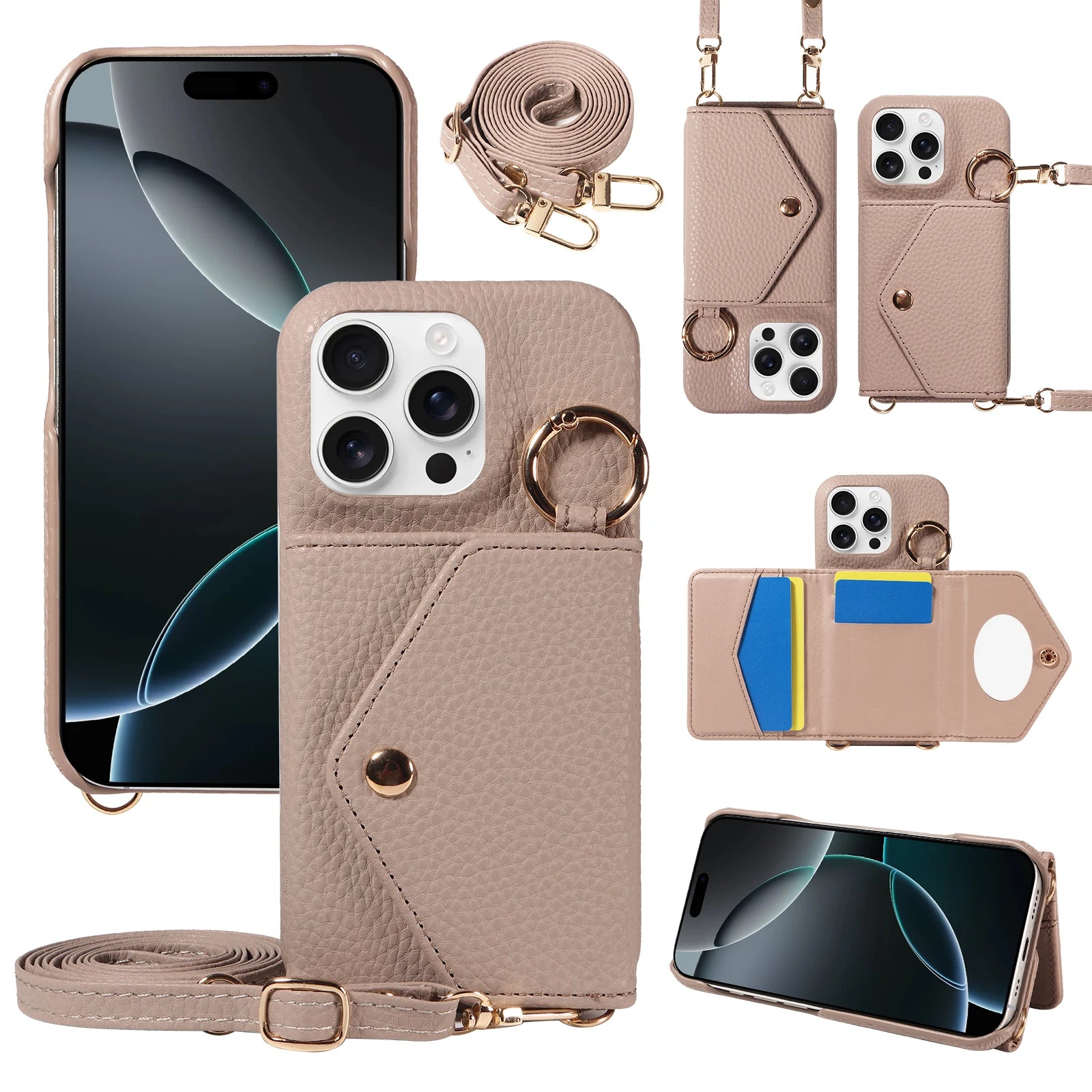PureGuardCases PU Leather Crossbody Wallet iPhone Case – Mirror Card Holder Protective Cover