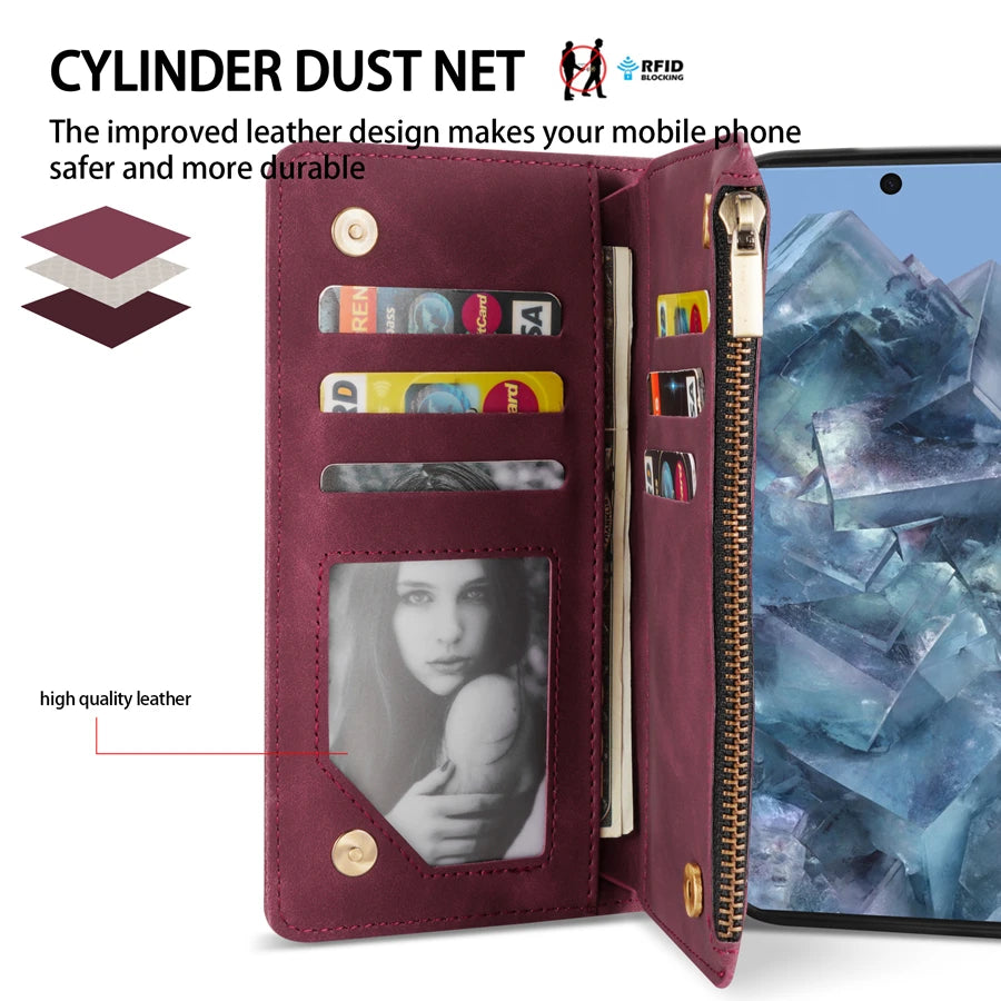 PureGuardCases Zipper Leather Wallet Case for Google Pixel