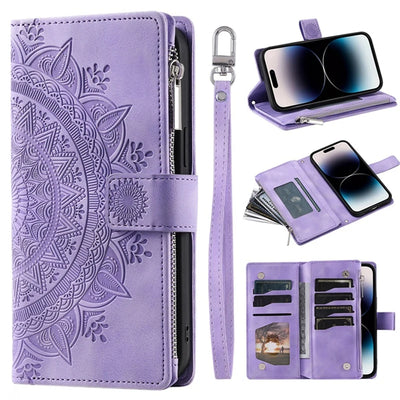 Purple mandala embossed iPhone wallet case showing front zipper and interior card slots