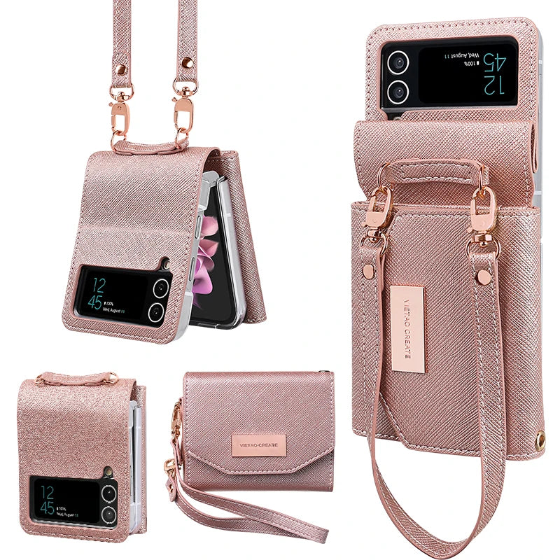 PureGuardCases Leather Wallet Case with Hand Strap for Samsung Galaxy Z Flip