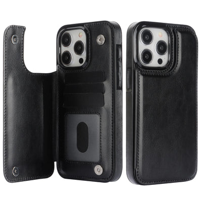 Black retro double-clasp leather flip card holder wallet stand case for iPhone 18 to 11 showing open card slots and back