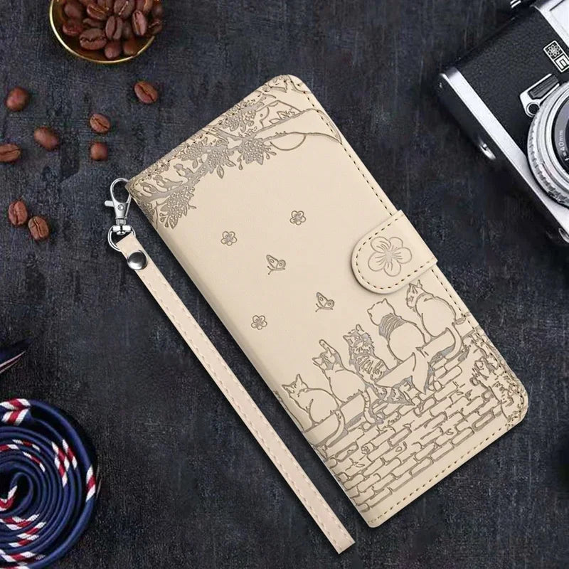 Cat Embossed Wallet Case iPhone 11-18, Cream
