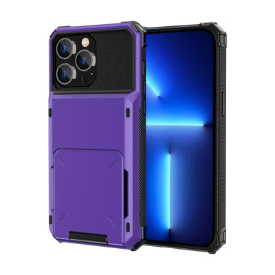 Purple heavy-duty dual-layer slide card holder armor case for iPhone 18, 17, 17e, Air, 16e and 16-11 series