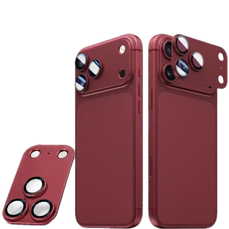 Wine red metal camera lens protector shown on and off an iPhone Pro