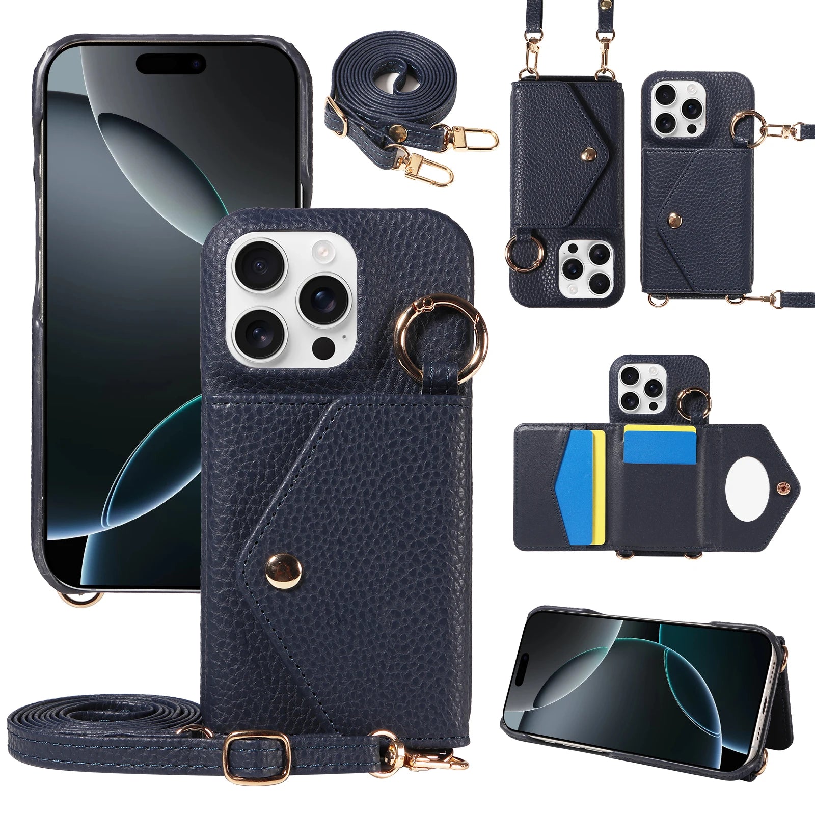 PureGuardCases PU Leather Crossbody Wallet iPhone Case – Mirror Card Holder Protective Cover