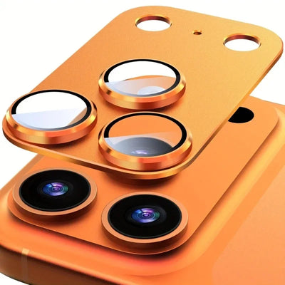 Orange metal frame camera lens protector covering an orange iPhone Pro camera module