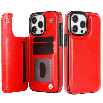 Red retro double-clasp leather flip card holder wallet stand case for iPhone 18 to 11 showing open card slots and back