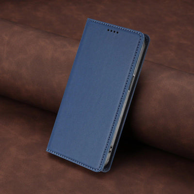 Dark blue stitched PU leather magnetic flip wallet case for Samsung Galaxy S26 and S25 series, angled closed view