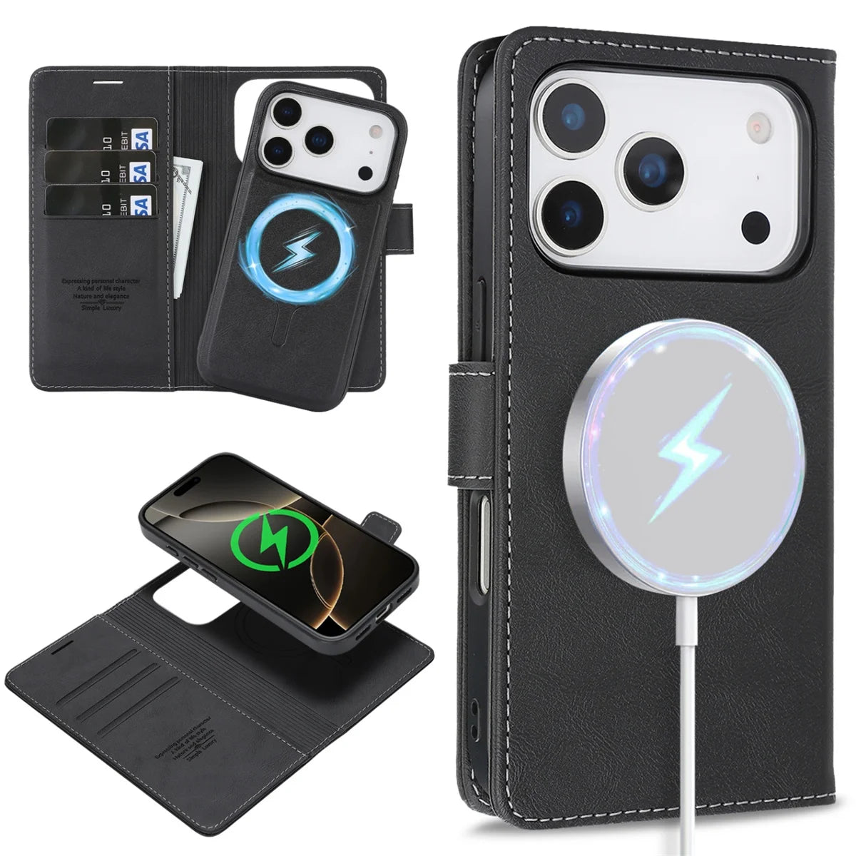 PureGuardCases 2-in-1 Magnetic Leather Wallet iPhone Case – MagSafe Card Holder Cover