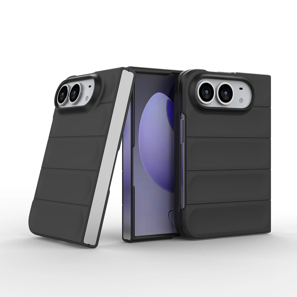 Black ribbed airbag shockproof case for iPhone Duo, front and back views