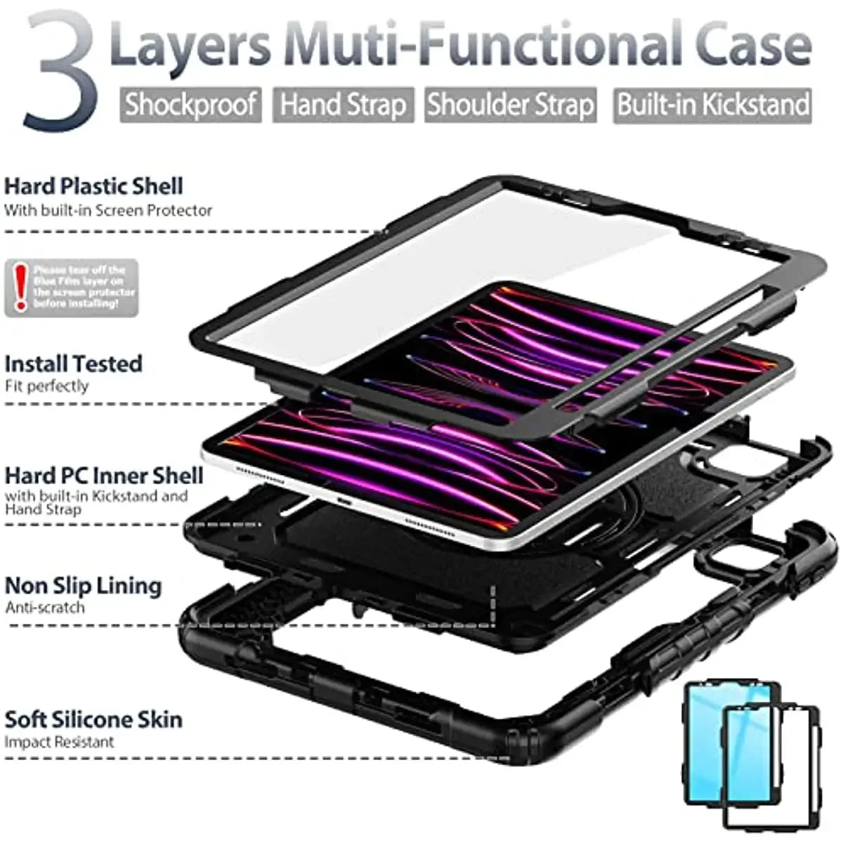 PureGuardCases Rugged Kickstand Case with Shoulder Strap for iPad
