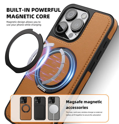 PureGuardCases 360° Rotating Ring Leather iPhone Case – MagSafe Magnetic Stand Cover