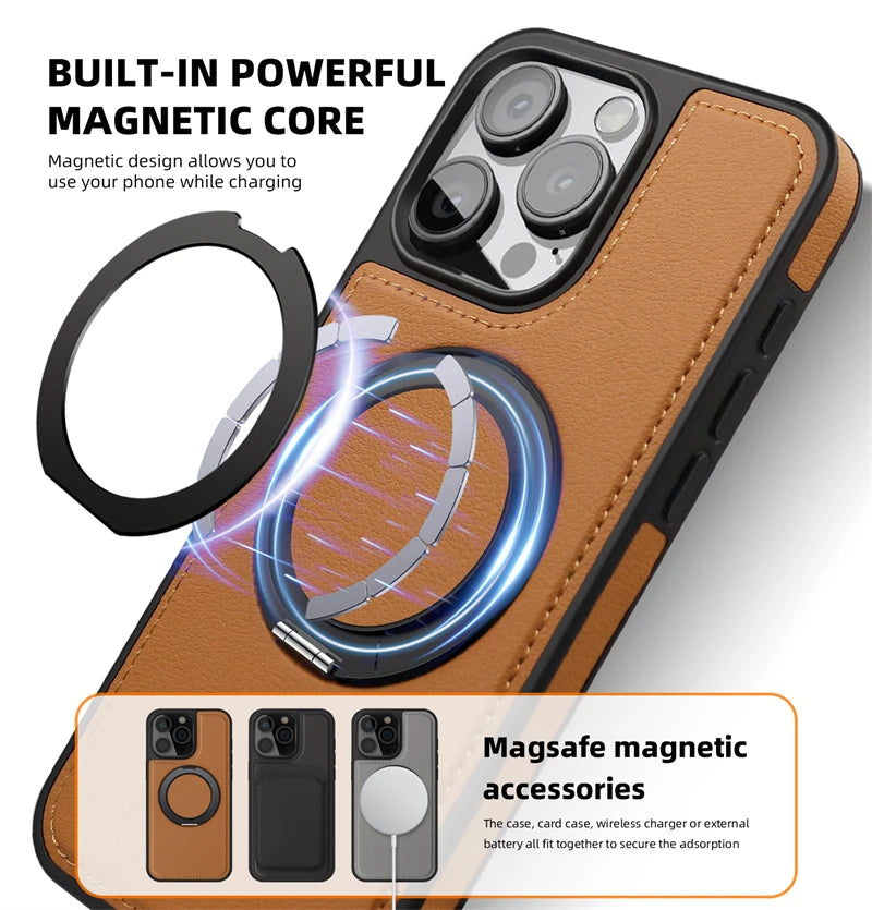 PureGuardCases 360° Rotating Ring Leather iPhone Case – MagSafe Magnetic Stand Cover