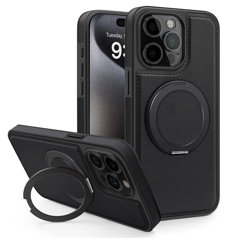 PureGuardCases 360° Rotating Ring Leather iPhone Case – MagSafe Magnetic Stand Cover