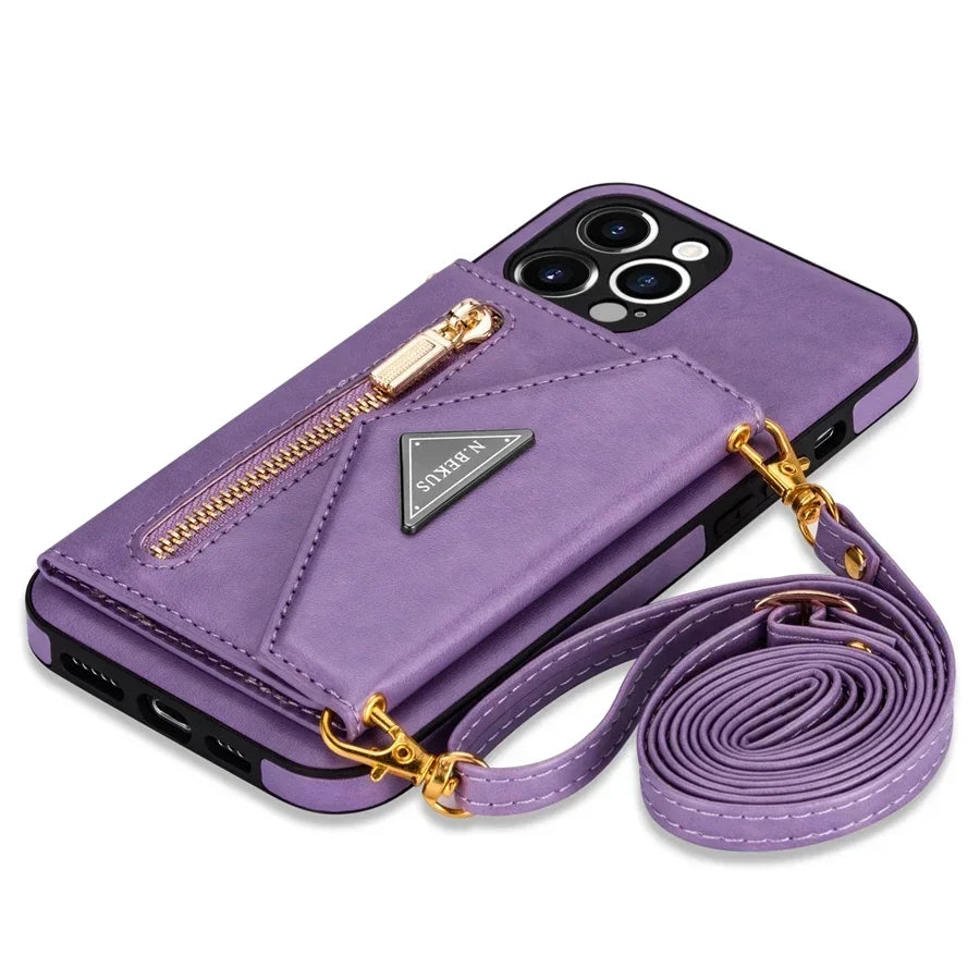 PureGuardCases Crossbody Zipper Wallet iPhone Case – Magnetic Flip Card Holder Leather Cover