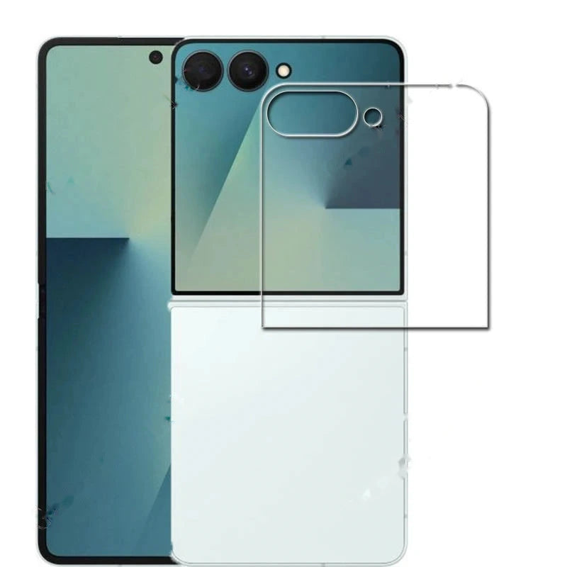 Galaxy Z Flip with the outer screen protector cut to fit around the cover screen and cameras