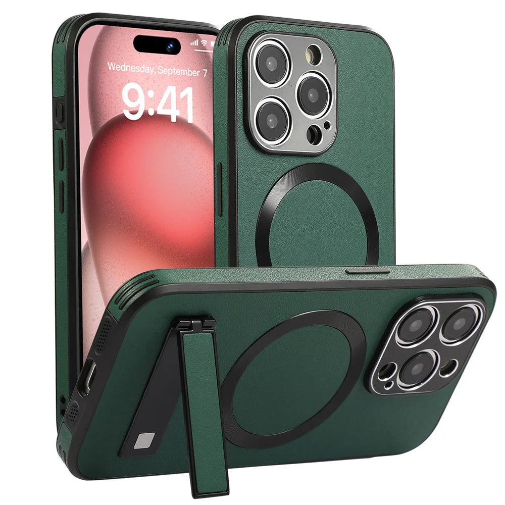 PureGuardCases Luxury Leather Stand iPhone Case – MagSafe Shockproof Cover