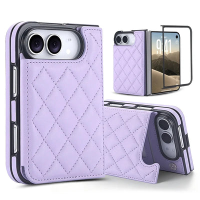 Purple quilted diamond leather card wallet kickstand case for iPhone Duo, front, back and stand views