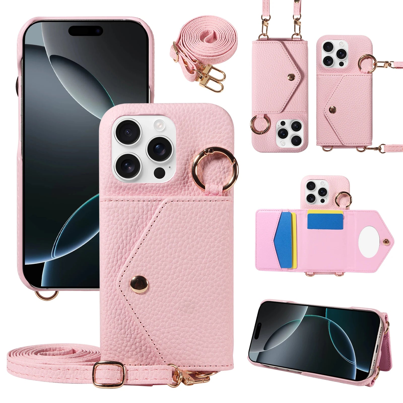 PureGuardCases PU Leather Crossbody Wallet iPhone Case – Mirror Card Holder Protective Cover