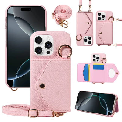 PureGuardCases PU Leather Crossbody Wallet iPhone Case – Mirror Card Holder Protective Cover