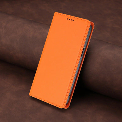 Orange stitched PU leather magnetic flip wallet case for Samsung Galaxy S26 and S25 series, angled closed view